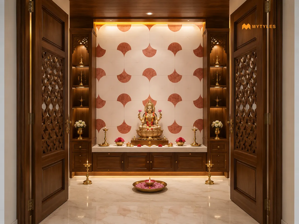 Geometric Inlay Tiles for a Modern Pooja Room